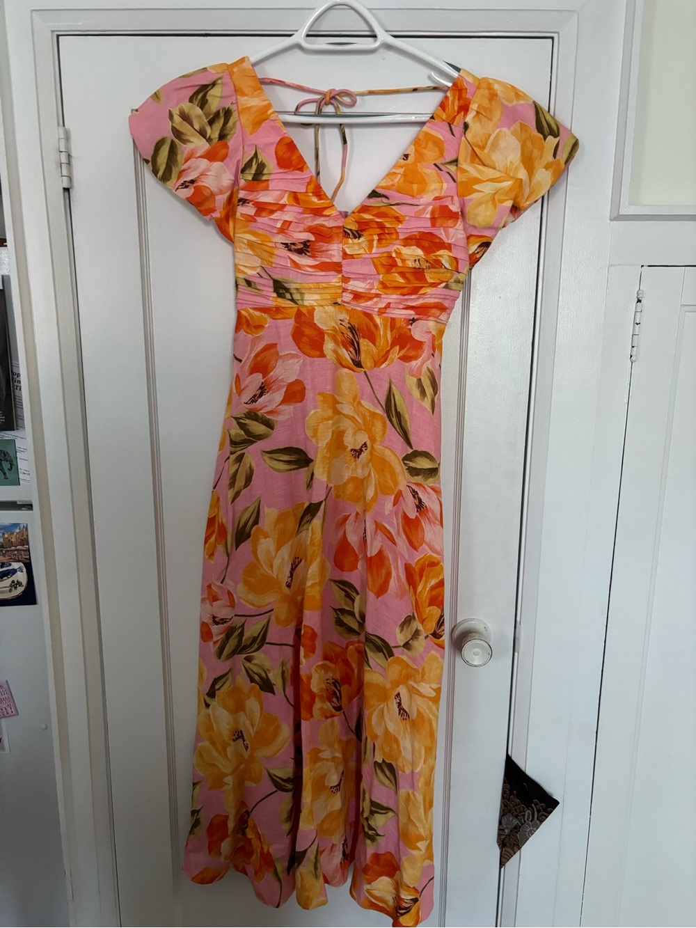 Everlane Pink Floral Midi Dress with Yellow & Green Blooms